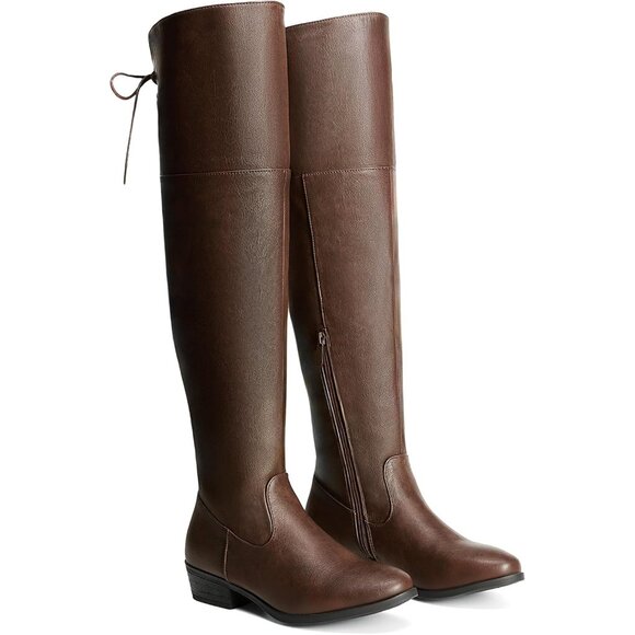 Women's Brown Textile Over The Knee High Low Block Heel Pointed Toe Riding Boots - Picture 3 of 7